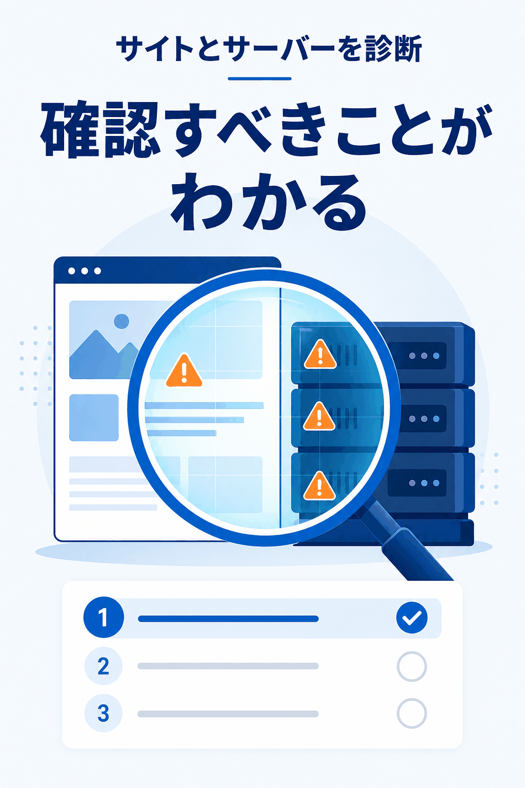 サイトとサーバー環境を診断し、確認すべき項目を整理するイメージ