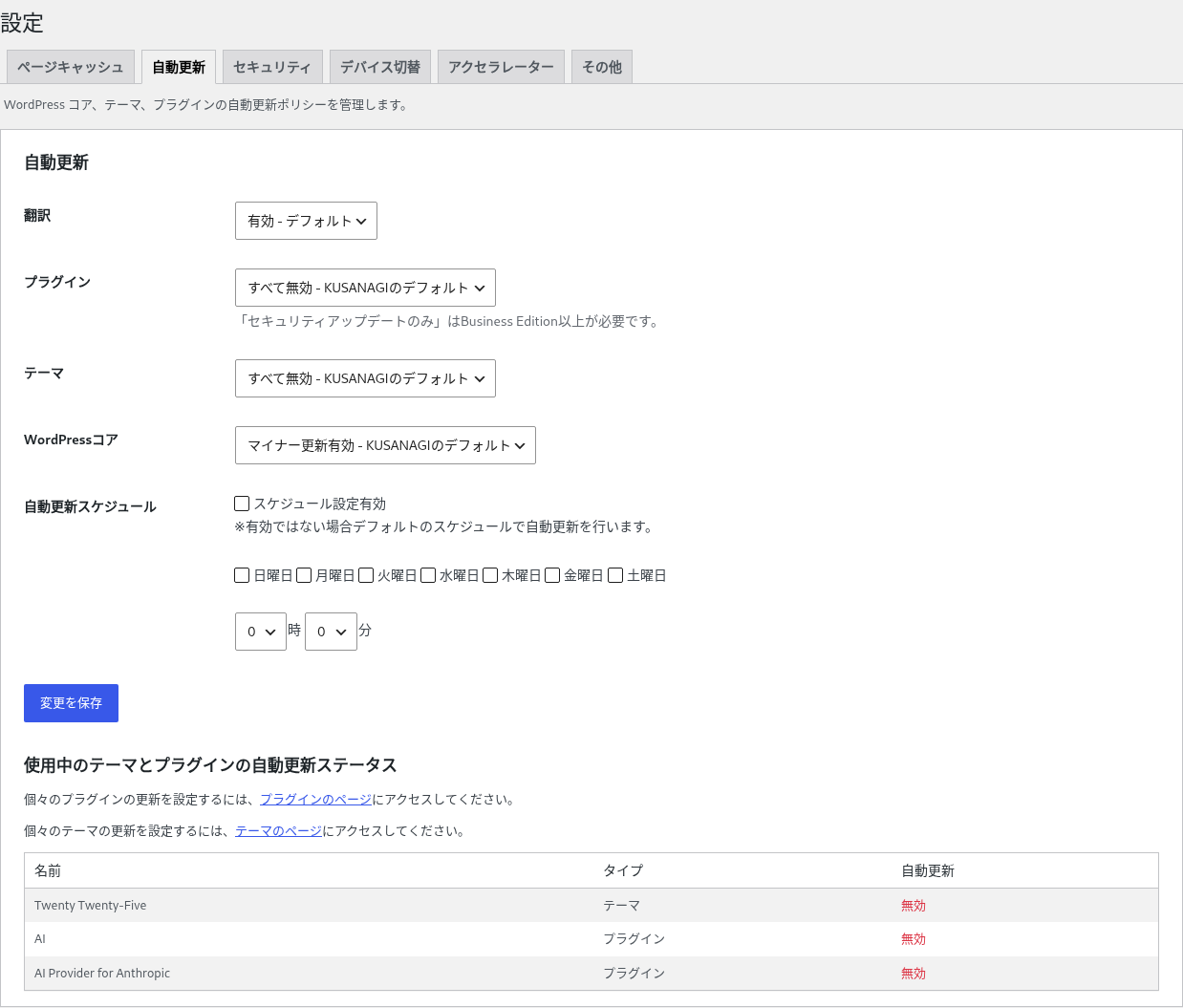 必要なwp-config.php設定が完了した自動更新画面